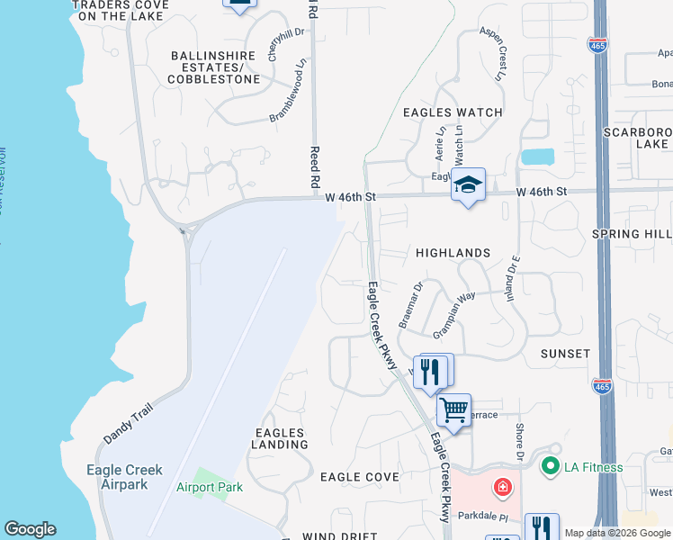map of restaurants, bars, coffee shops, grocery stores, and more near 4351 Village Parkway Circle West in Indianapolis