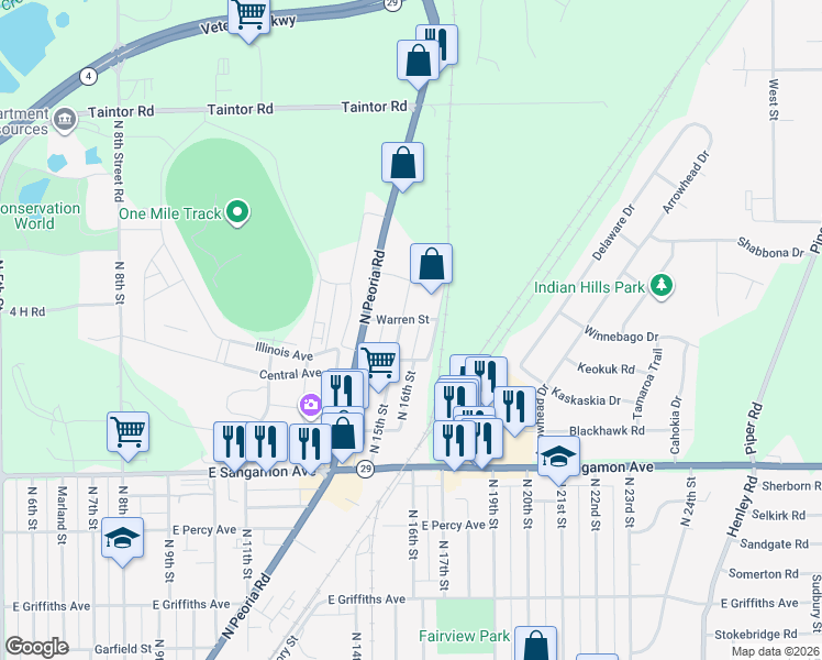 map of restaurants, bars, coffee shops, grocery stores, and more near 1400-1498 Warren St in Springfield