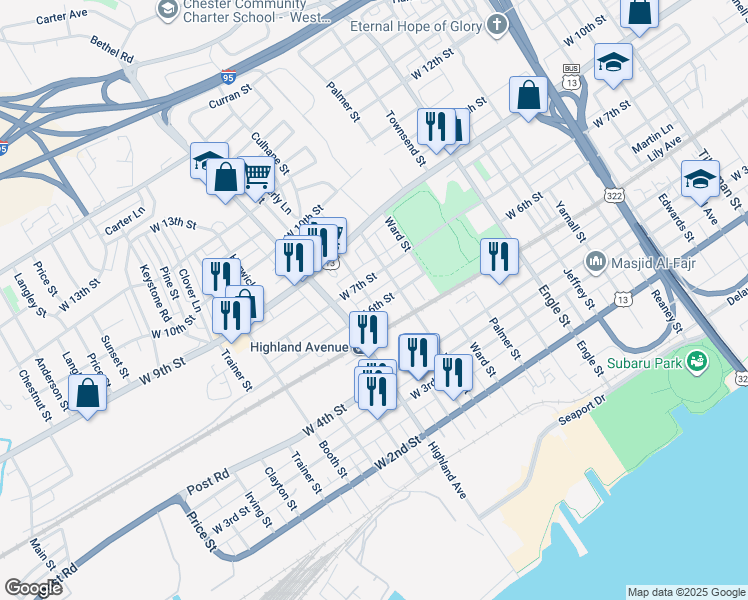 map of restaurants, bars, coffee shops, grocery stores, and more near 2630 West 6th Street in Chester