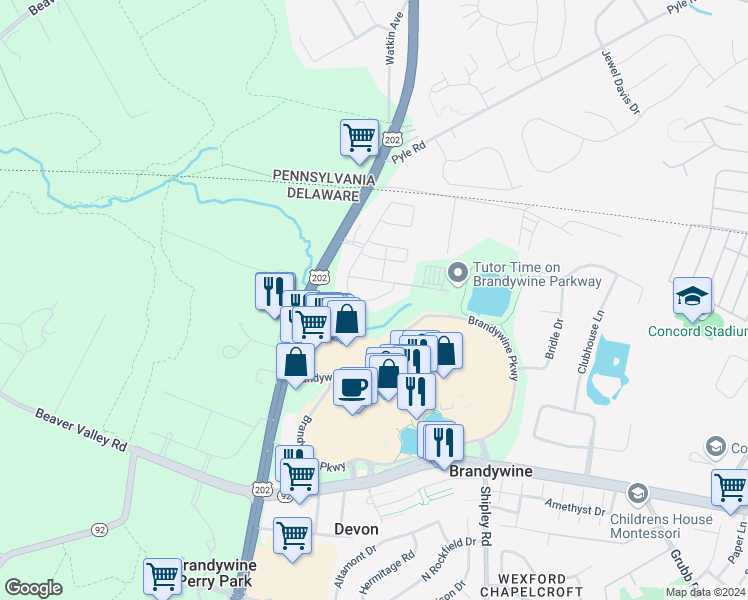 map of restaurants, bars, coffee shops, grocery stores, and more near 258 Landis Way South in Wilmington