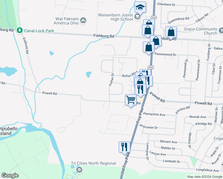 map of restaurants, bars, coffee shops, grocery stores, and more near 5512 Fisher Drive in Dayton