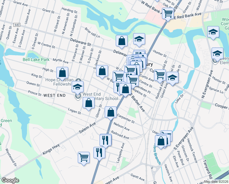 map of restaurants, bars, coffee shops, grocery stores, and more near 53 High Street in Woodbury