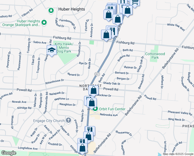 map of restaurants, bars, coffee shops, grocery stores, and more near 5713 Beth Road in Dayton