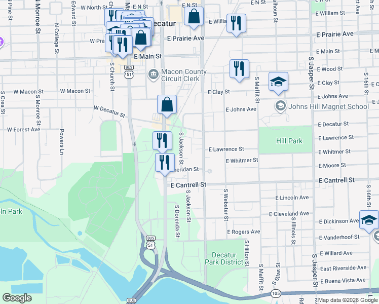 map of restaurants, bars, coffee shops, grocery stores, and more near 613 South Martin Luther King Junior Drive in Decatur