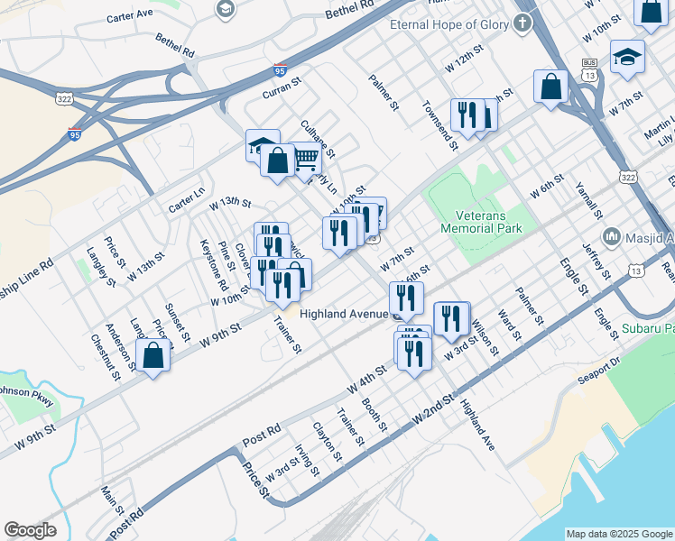 map of restaurants, bars, coffee shops, grocery stores, and more near 2903 West 9th Street in Chester