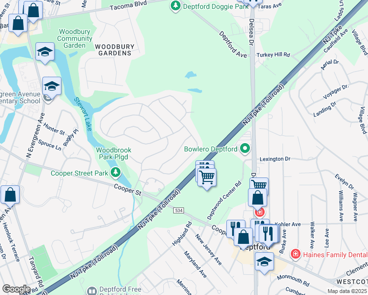 map of restaurants, bars, coffee shops, grocery stores, and more near 27 Niland Lane in Deptford