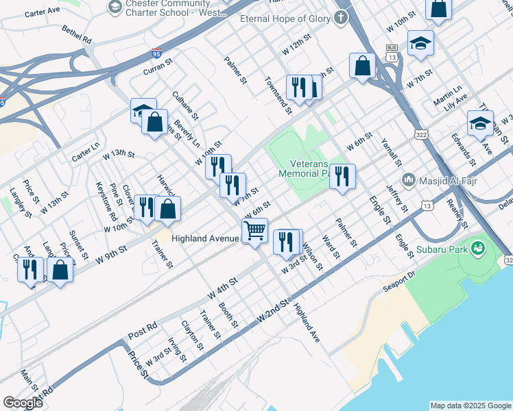 map of restaurants, bars, coffee shops, grocery stores, and more near 2630 West 6th Street in Chester