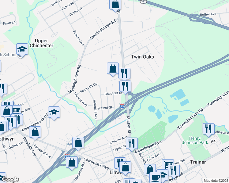 map of restaurants, bars, coffee shops, grocery stores, and more near 2305 Pleasant View Avenue in Boothwyn