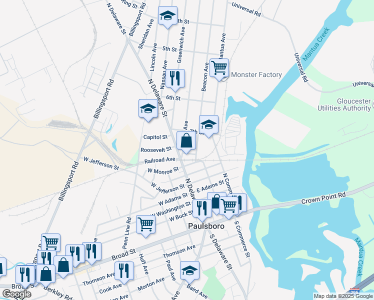 map of restaurants, bars, coffee shops, grocery stores, and more near 733 Billings Avenue in Paulsboro