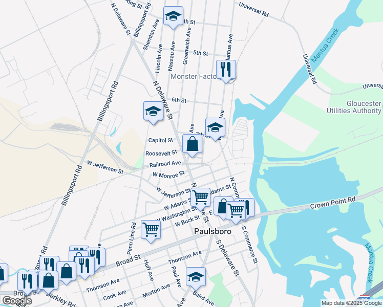map of restaurants, bars, coffee shops, grocery stores, and more near 733 Billings Avenue in Paulsboro