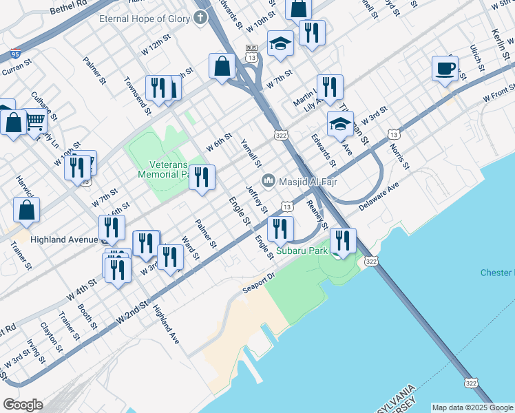 map of restaurants, bars, coffee shops, grocery stores, and more near 228 Jeffrey Street in Chester
