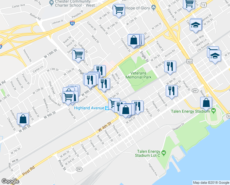 map of restaurants, bars, coffee shops, grocery stores, and more near 2628 West 6th Street in Chester
