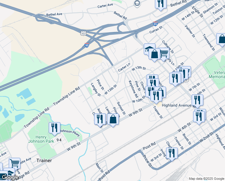 map of restaurants, bars, coffee shops, grocery stores, and more near 3537 West 13th Street in Marcus Hook