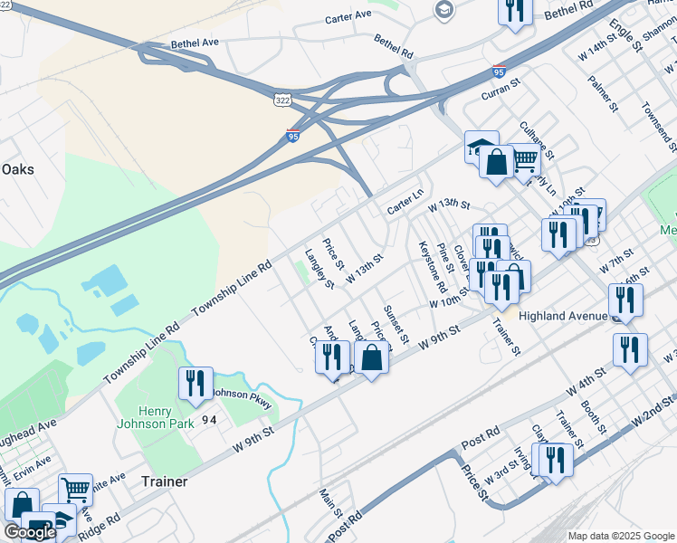 map of restaurants, bars, coffee shops, grocery stores, and more near 1314 Price Street in Trainer