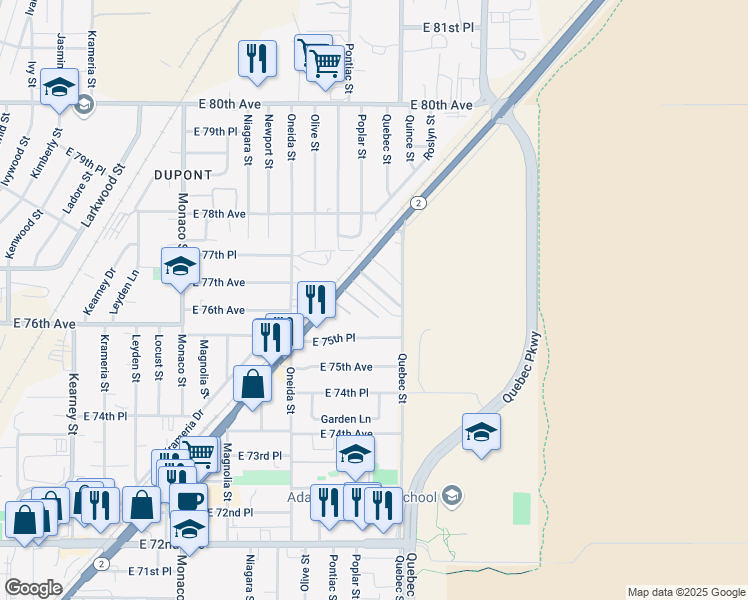 map of restaurants, bars, coffee shops, grocery stores, and more near 7700 Colorado 2 in Commerce City