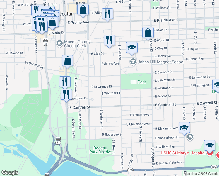 map of restaurants, bars, coffee shops, grocery stores, and more near 722 East Lawrence Street in Decatur