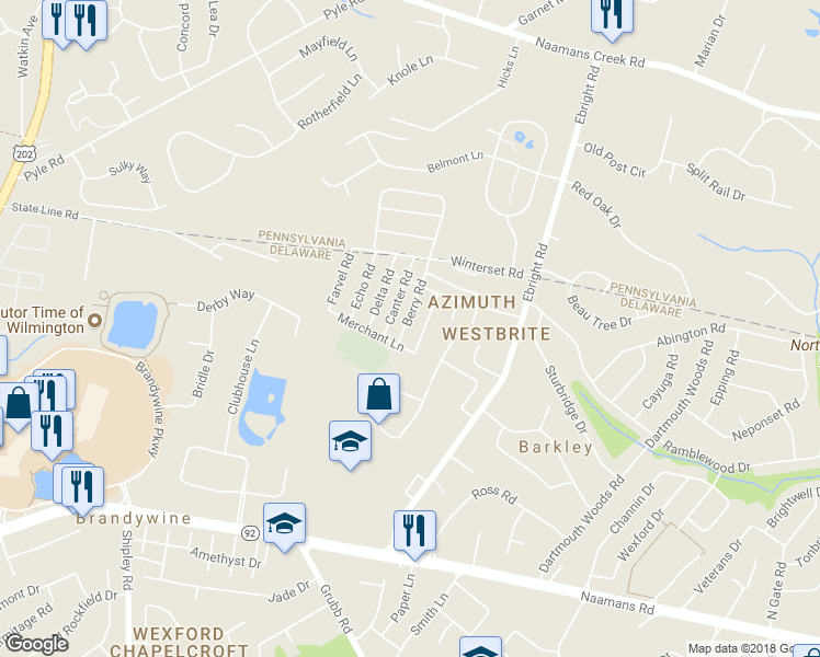 map of restaurants, bars, coffee shops, grocery stores, and more near 732 Berry Road in Wilmington