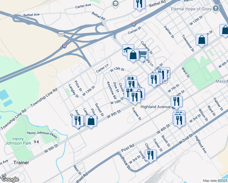 map of restaurants, bars, coffee shops, grocery stores, and more near 1141 Keystone Road in Chester