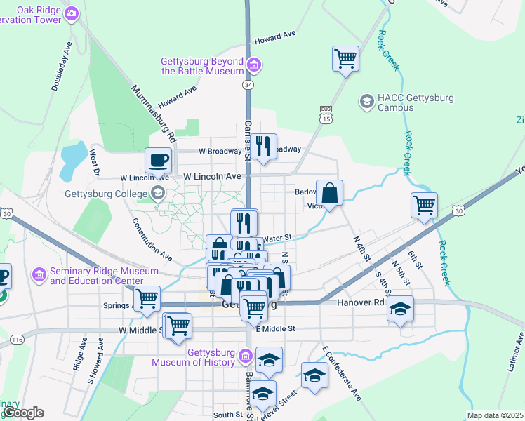 map of restaurants, bars, coffee shops, grocery stores, and more near 26 East Stevens Street in Gettysburg