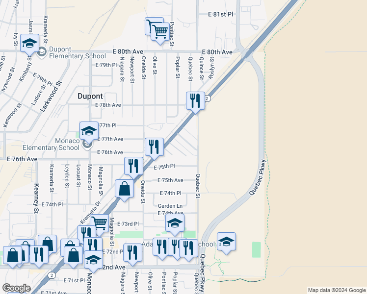 map of restaurants, bars, coffee shops, grocery stores, and more near 7700 Colorado 2 in Commerce City