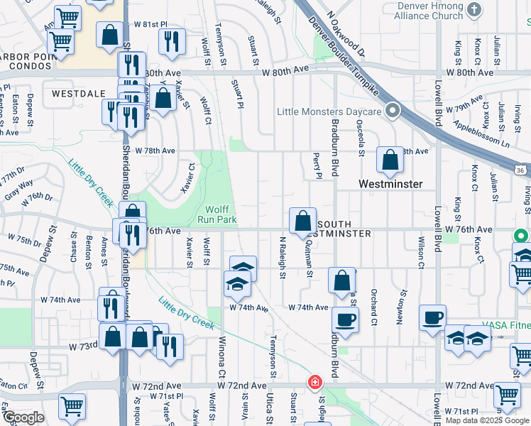 map of restaurants, bars, coffee shops, grocery stores, and more near 7664 Stuart Street in Westminster