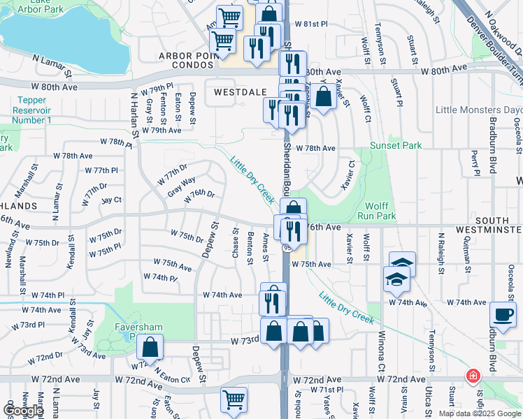map of restaurants, bars, coffee shops, grocery stores, and more near 5423 West 76th Avenue in Arvada