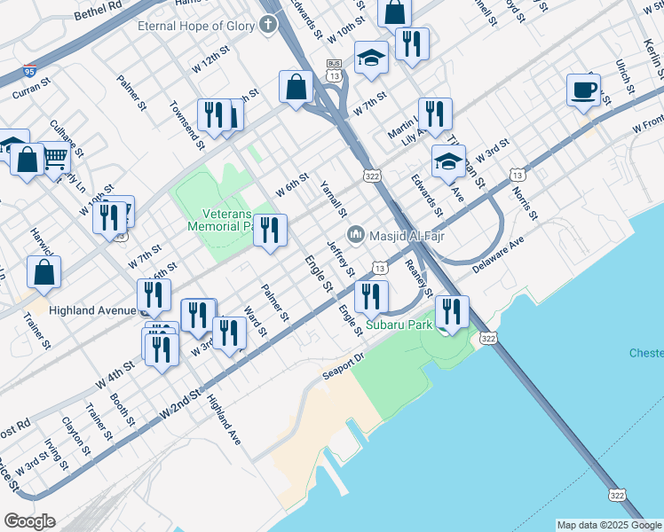 map of restaurants, bars, coffee shops, grocery stores, and more near 2113 West 3rd Street in Chester