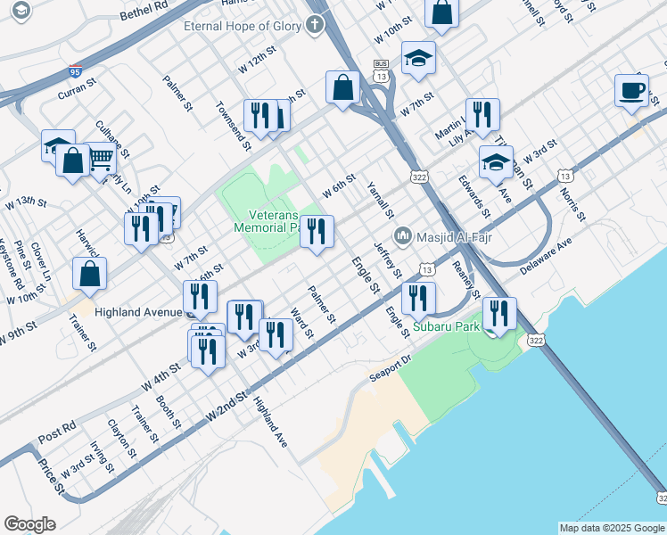 map of restaurants, bars, coffee shops, grocery stores, and more near 320 Engle Street in Chester