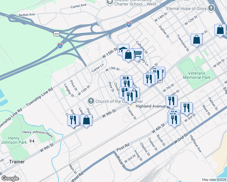 map of restaurants, bars, coffee shops, grocery stores, and more near 1118 Clover Lane in Chester