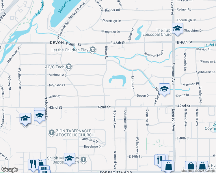 map of restaurants, bars, coffee shops, grocery stores, and more near 4343 Brown Road in Indianapolis