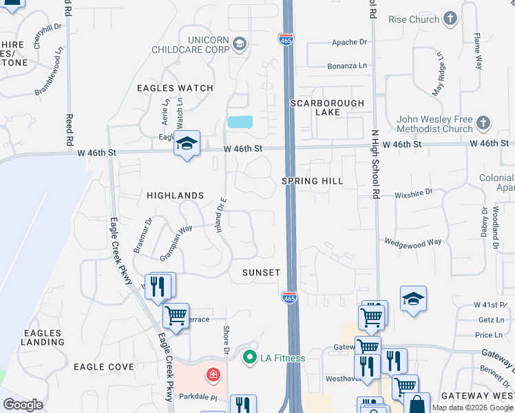 map of restaurants, bars, coffee shops, grocery stores, and more near 6744 Dunsany Court in Indianapolis