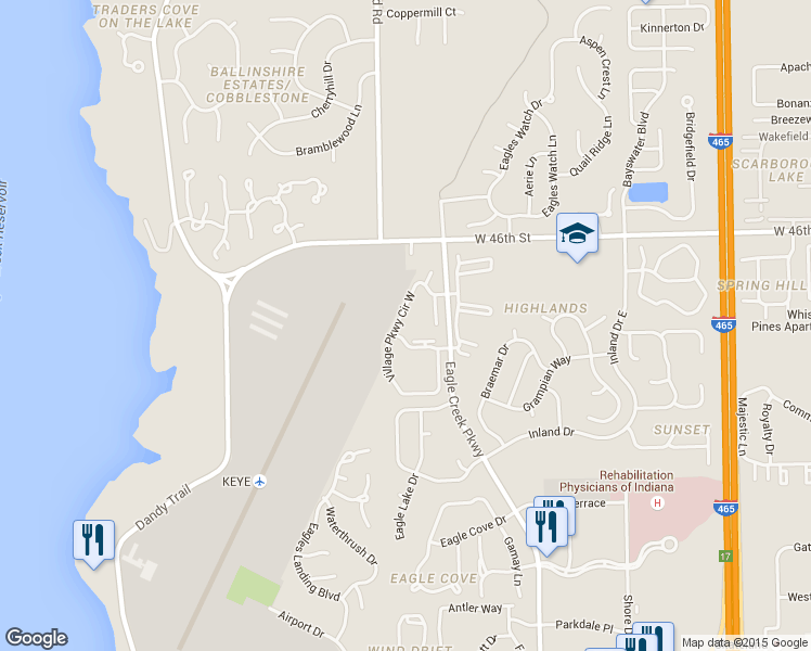 map of restaurants, bars, coffee shops, grocery stores, and more near 4351 Village Parkway Circle West in Indianapolis