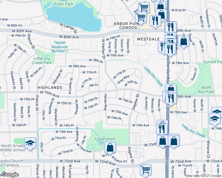 map of restaurants, bars, coffee shops, grocery stores, and more near 6031 West 76th Avenue in Arvada