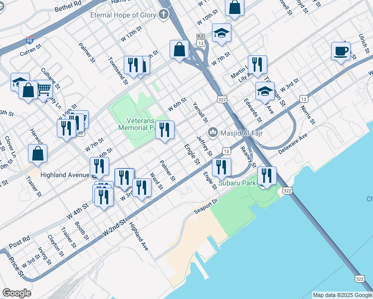 map of restaurants, bars, coffee shops, grocery stores, and more near 2202 West 3rd Street in Chester