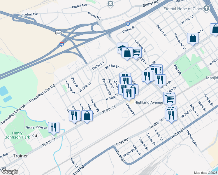 map of restaurants, bars, coffee shops, grocery stores, and more near 1141 Keystone Road in Chester