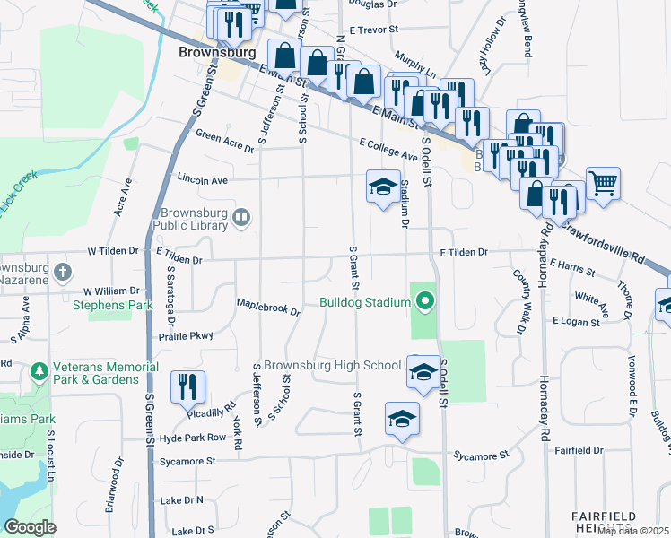 map of restaurants, bars, coffee shops, grocery stores, and more near 215 Gordon Court in Brownsburg