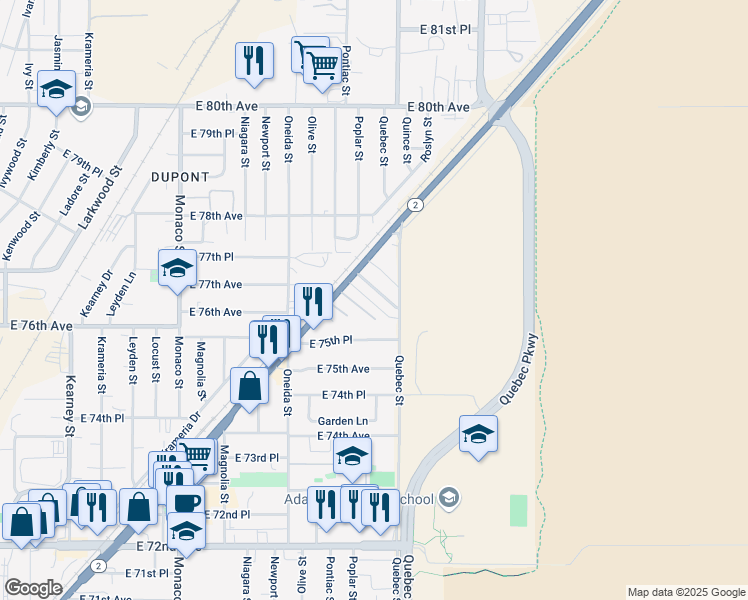 map of restaurants, bars, coffee shops, grocery stores, and more near 7700 Colorado 2 in Commerce City