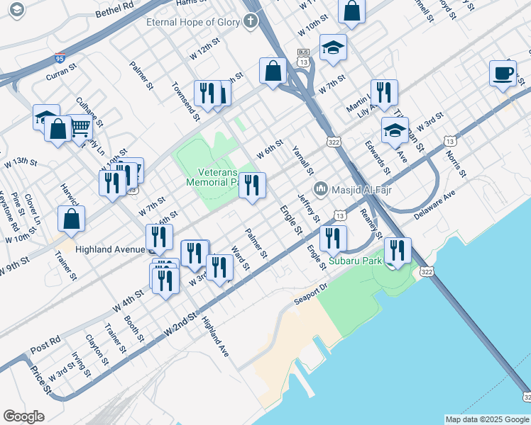 map of restaurants, bars, coffee shops, grocery stores, and more near 320 Engle Street in Chester