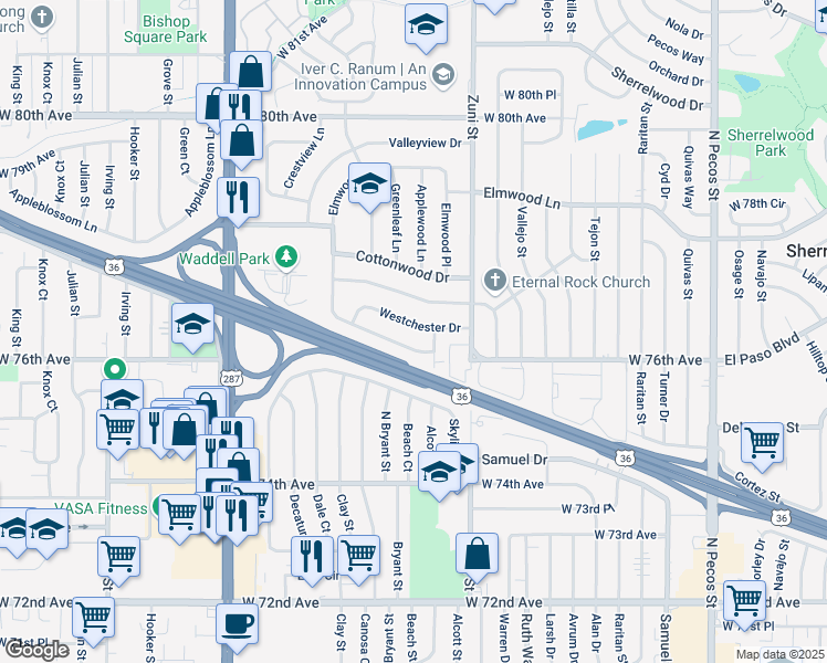 map of restaurants, bars, coffee shops, grocery stores, and more near 2560 Westchester Drive in Denver