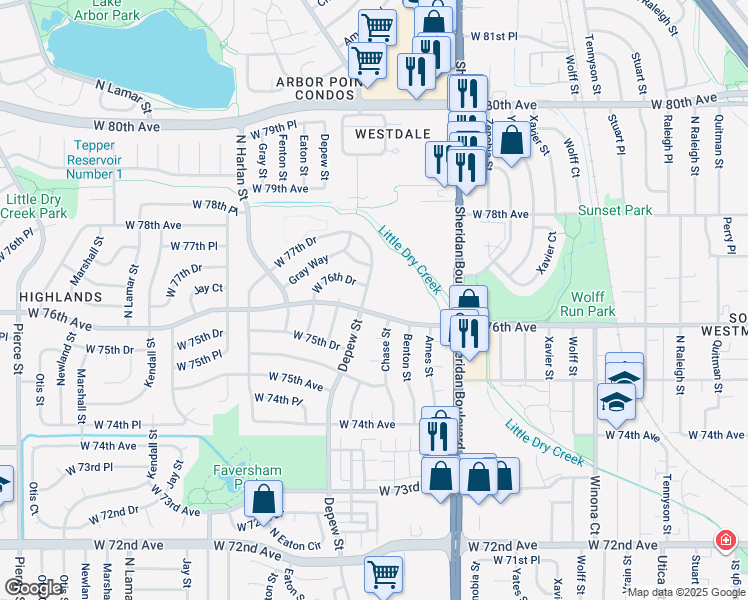 map of restaurants, bars, coffee shops, grocery stores, and more near 7626 Depew Street in Westminster