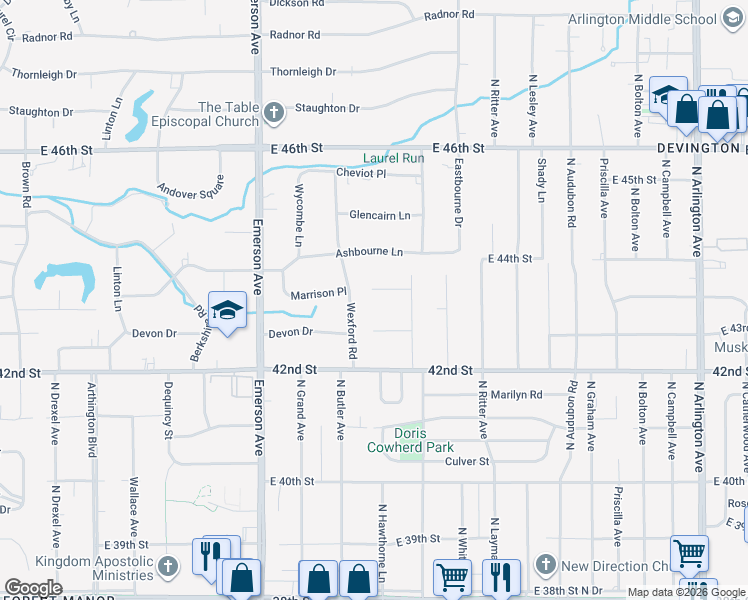 map of restaurants, bars, coffee shops, grocery stores, and more near 5325 Susan Lane in Indianapolis