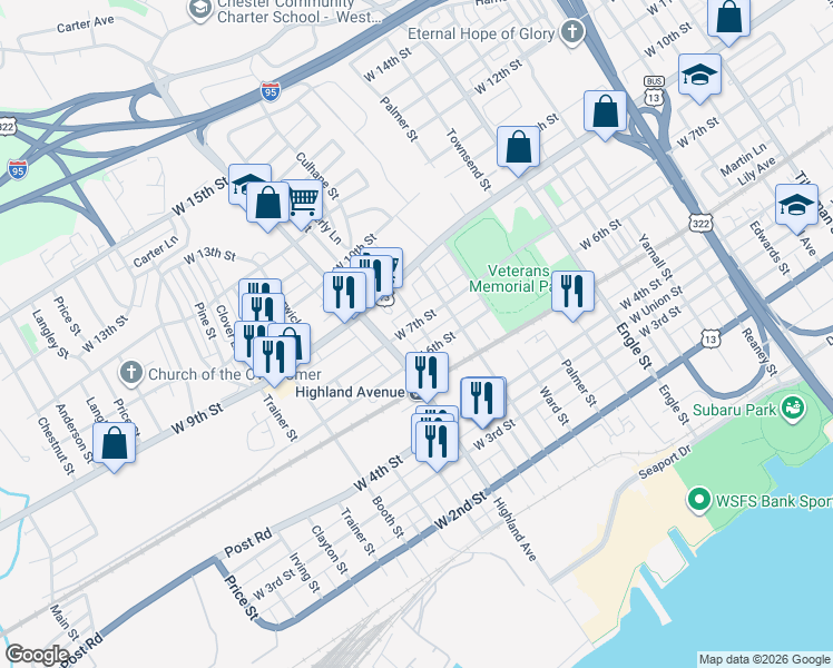 map of restaurants, bars, coffee shops, grocery stores, and more near 2705 West 7th Street in Chester