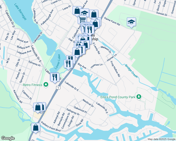 map of restaurants, bars, coffee shops, grocery stores, and more near 15 Bay Avenue in Lacey Township