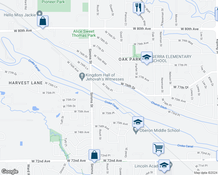 map of restaurants, bars, coffee shops, grocery stores, and more near 7650 North Robb Street in Arvada