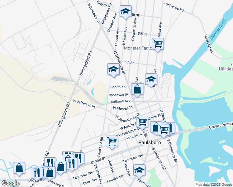 map of restaurants, bars, coffee shops, grocery stores, and more near 41 Roosevelt Street in Paulsboro