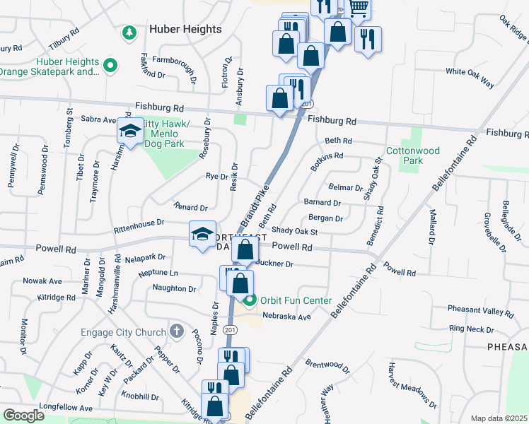 map of restaurants, bars, coffee shops, grocery stores, and more near 5713 Beth Rd in Dayton