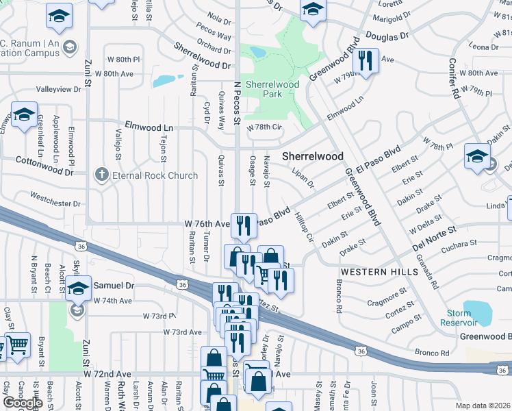 map of restaurants, bars, coffee shops, grocery stores, and more near 7653 Navajo Street in Denver