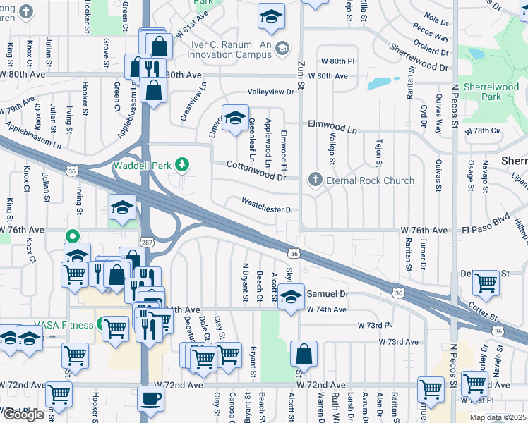 map of restaurants, bars, coffee shops, grocery stores, and more near 2560 Westchester Drive in Denver