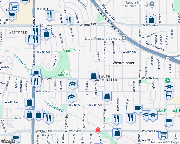 map of restaurants, bars, coffee shops, grocery stores, and more near 7642 Raleigh Street in Westminster