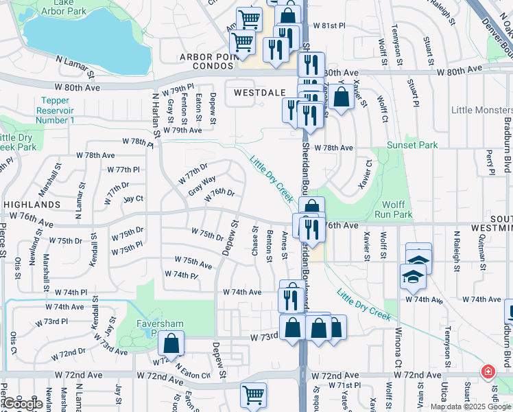 map of restaurants, bars, coffee shops, grocery stores, and more near 7626 Depew Street in Westminster
